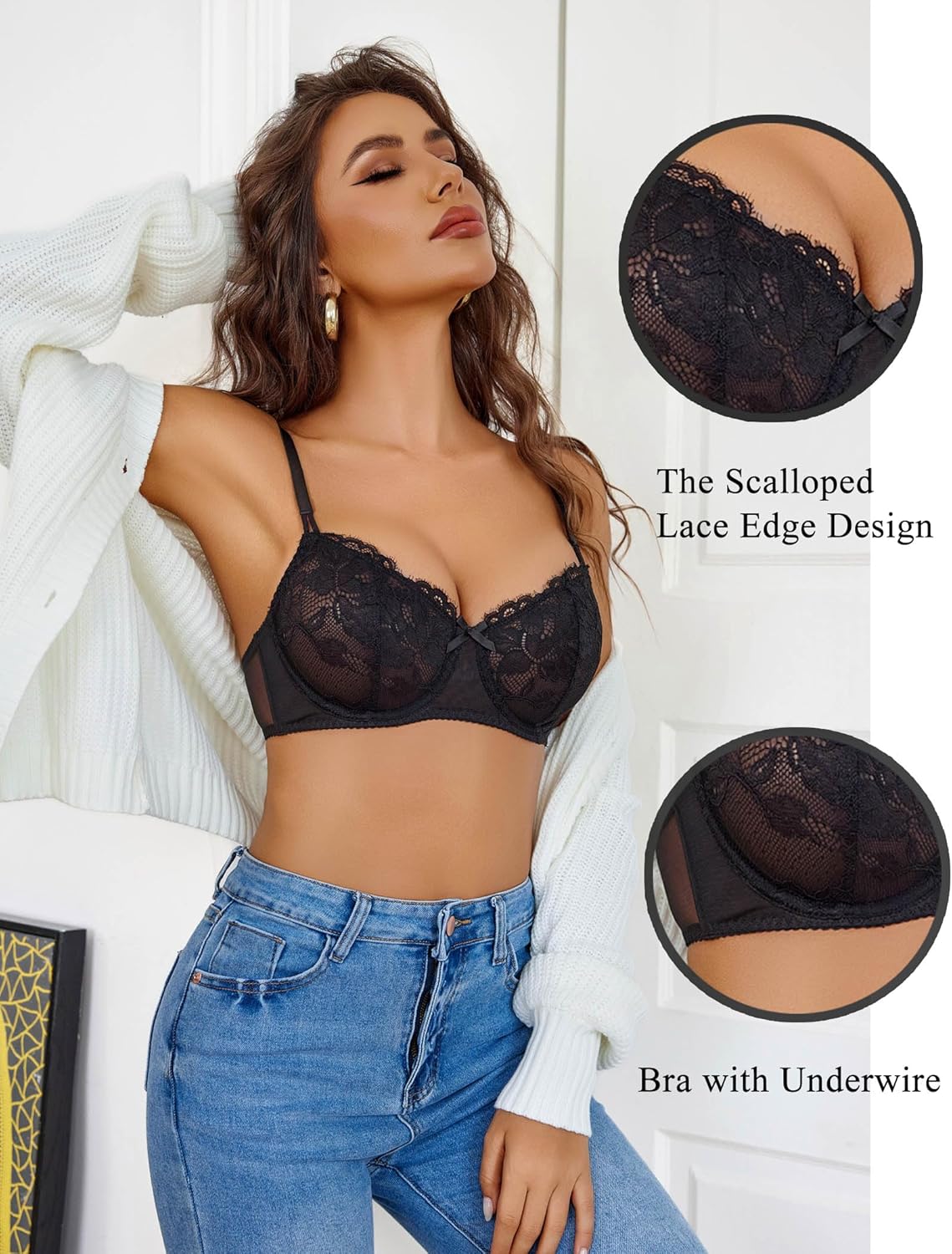 Black lace push up balconette bra with scalloped lace trim and underwire cups