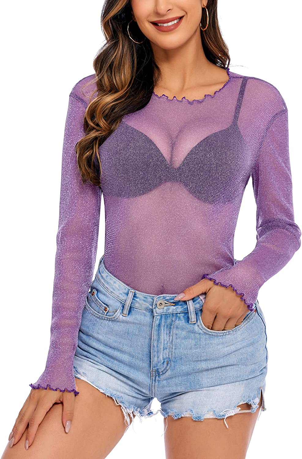 Purple mesh long sleeve see-through top with scalloped crew neckline