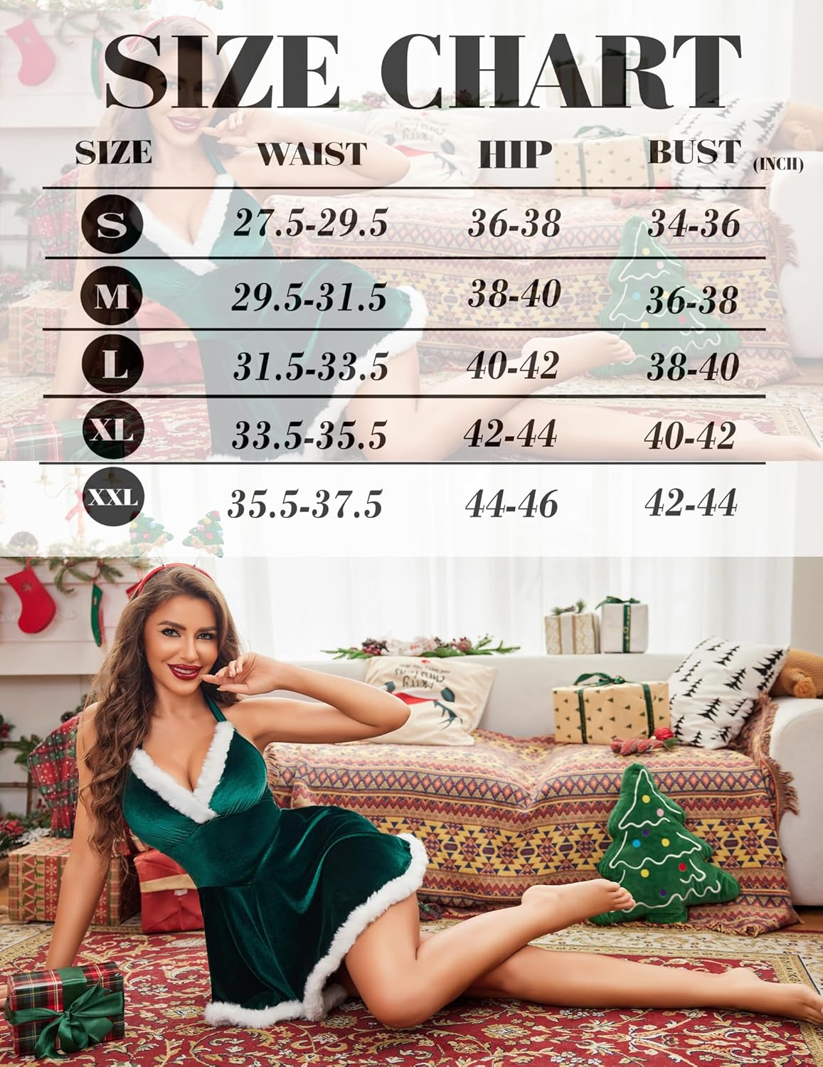 Babydoll dress size chart with waist, hip, and bust measurements in inches