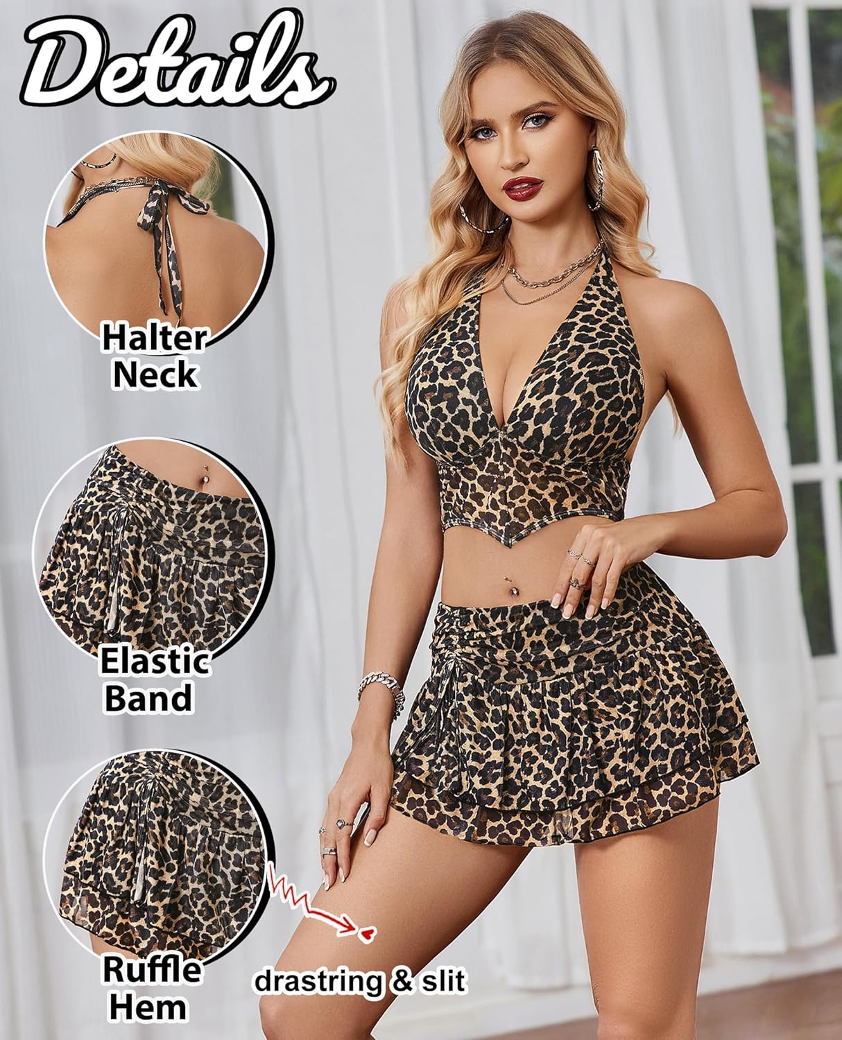 Halter backless tank top and mini skirt set, leopard print with ruffle hem