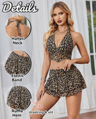 Halter backless tank top and mini skirt set, leopard print with ruffle hem