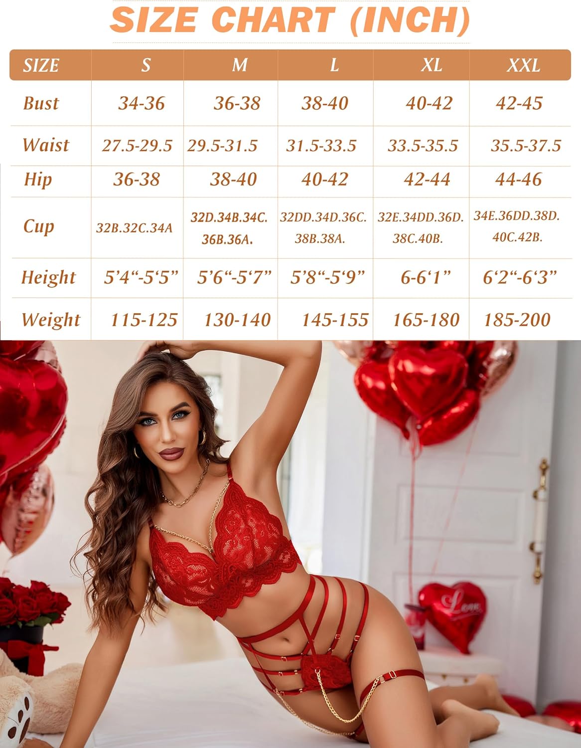Red lace bra and panty set with strappy garter details on model