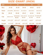 Red lace bra and panty set with strappy garter details on model