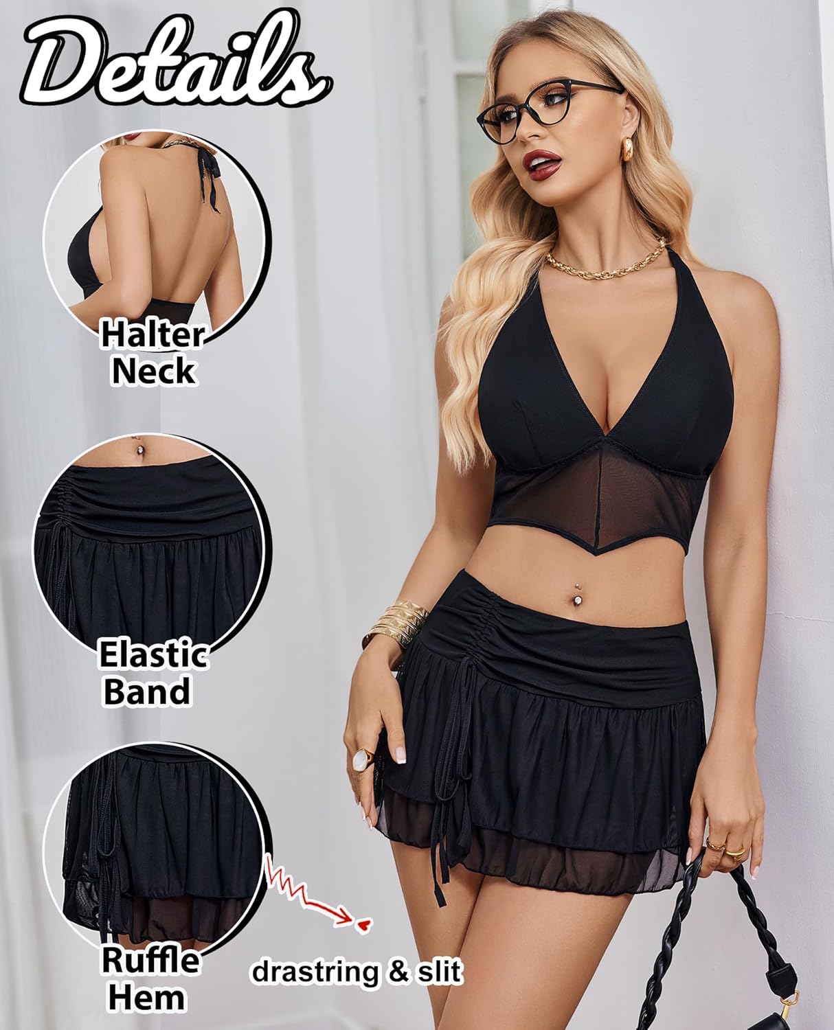 Halter backless tank top and mini skirt set, black with sheer ruffle hem
