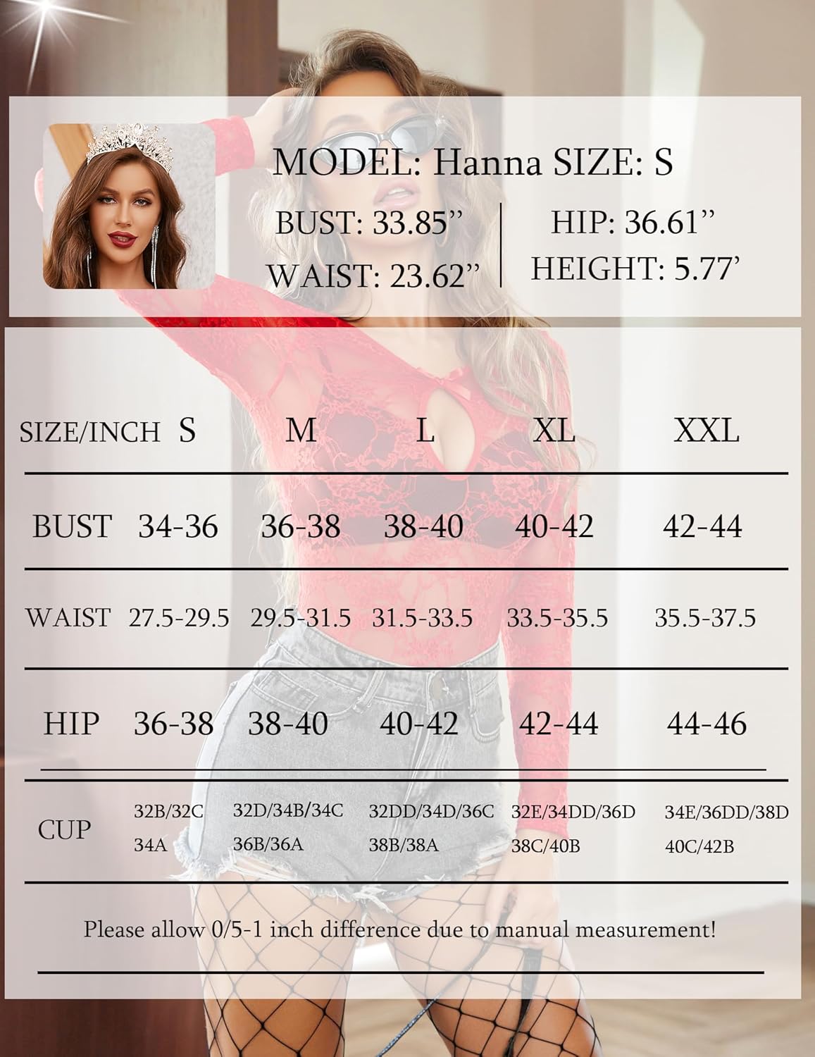 Bodysuit size chart showing model Hanna bust, waist, hip, and size ranges