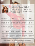 Bodysuit size chart showing model Hanna bust, waist, hip, and size ranges