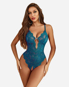 Blue-green lace teddy one-piece with V-neck and heart keyhole, scalloped lace trim