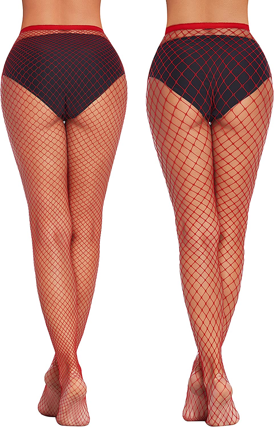 Plus size fishnet stockings, red with dark waistband, full length