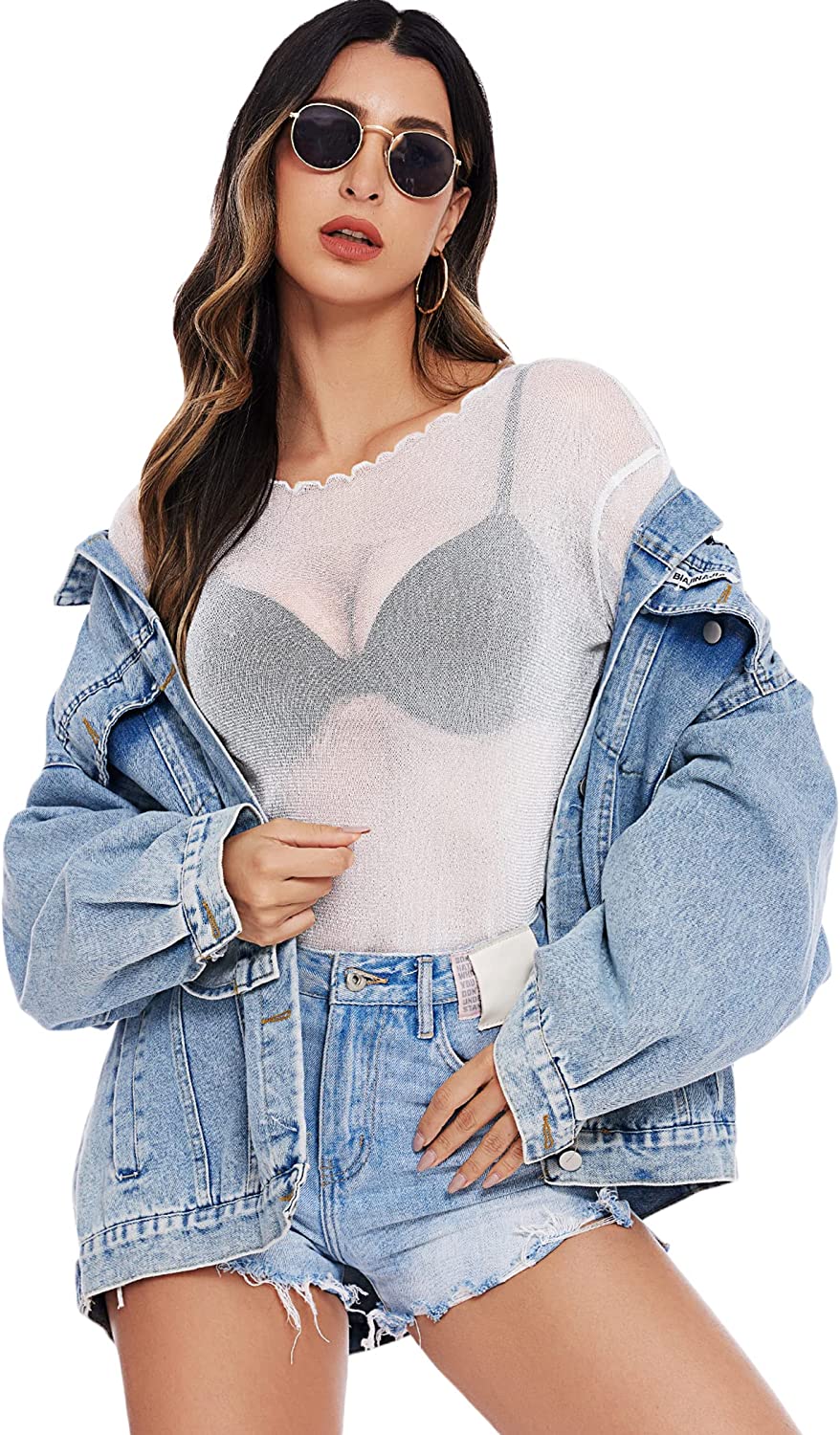 Long-sleeve sheer mesh top in white, V neckline with scalloped neckline trim