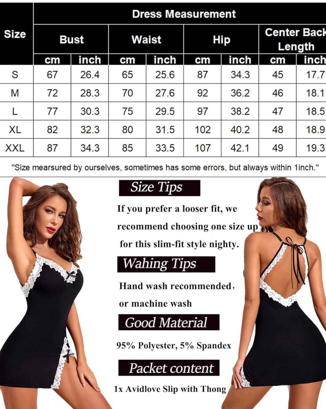 Black lace-trim chemise with heart applique and open-back ribbon tie