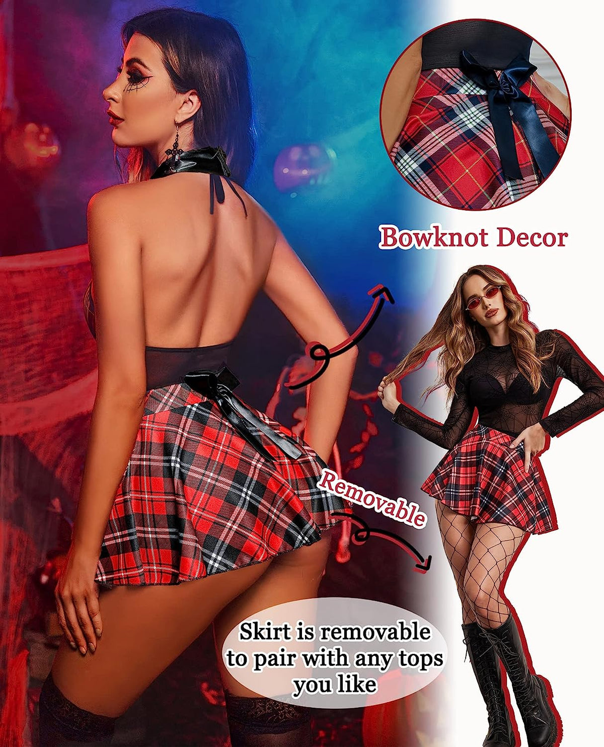 Red plaid snap-crotch dress with black mesh panel and bow tie at neckline