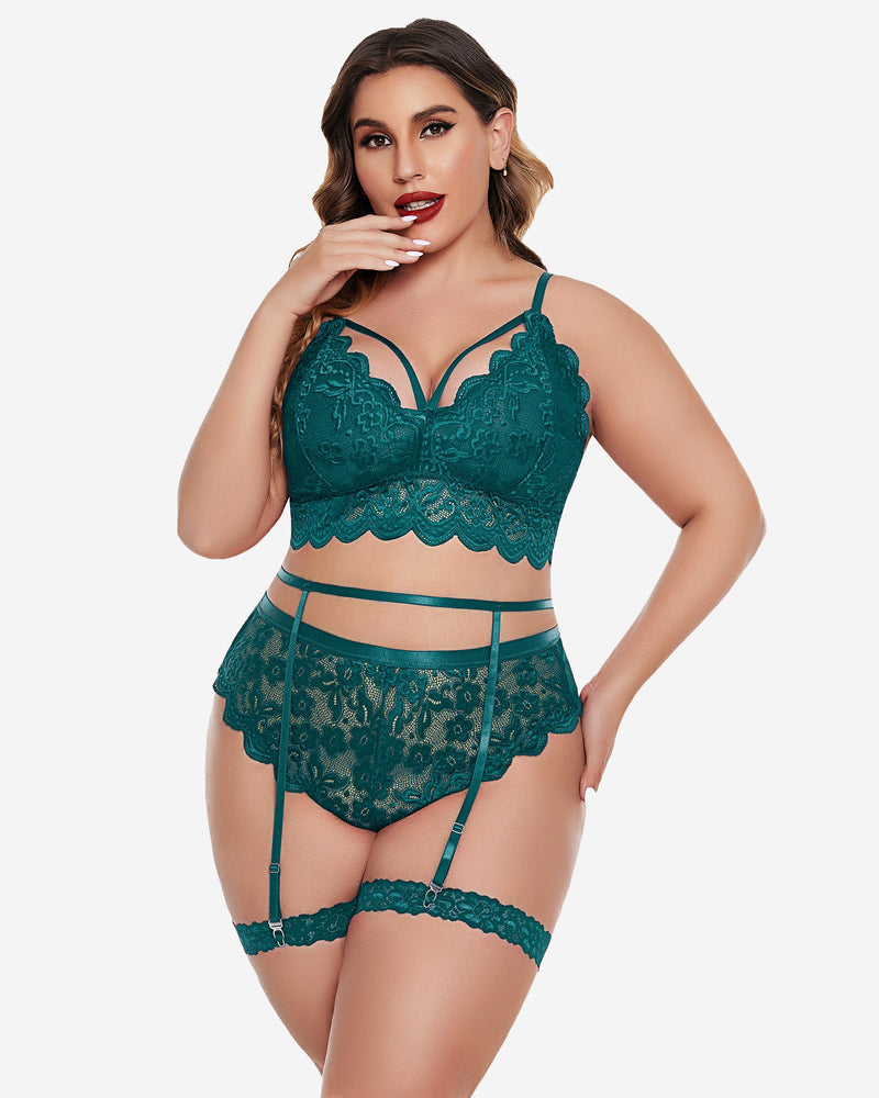 Dark green lace-trim bra and panty set with garter straps