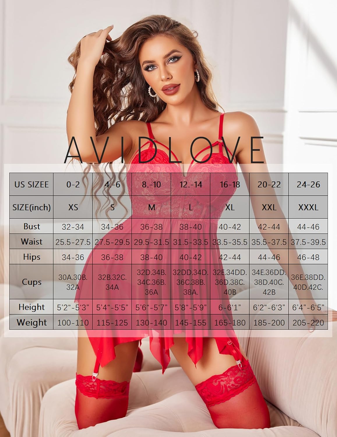 Red lace babydoll lingerie with sheer mini skirt and matching thigh garter stockings