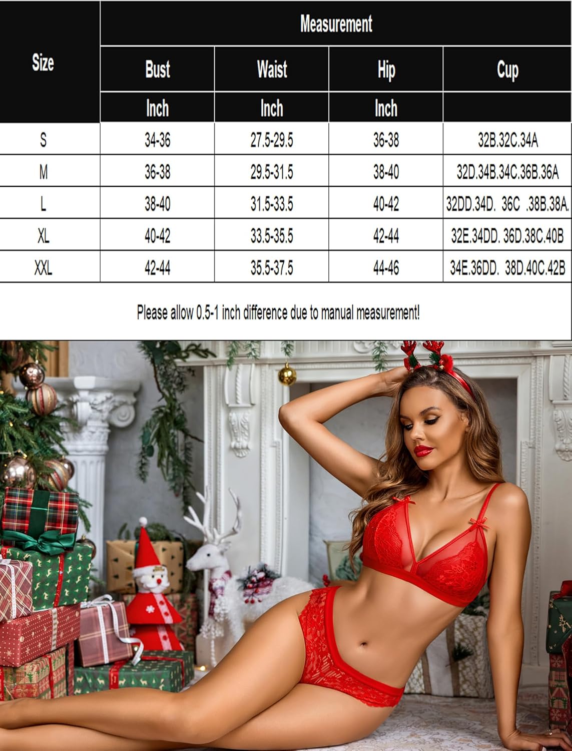 Red lace bra and matching lace panty set with measurement chart