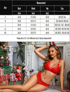 Red lace bra and matching lace panty set with measurement chart