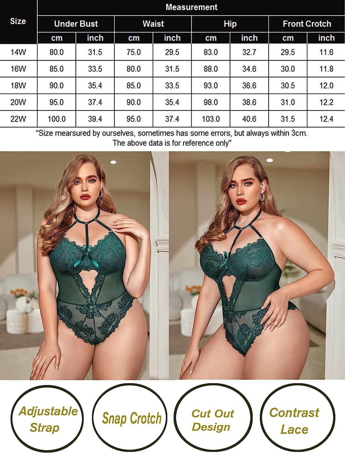 Dark green lace bodysuit teddy showing cutout design and contrast lace