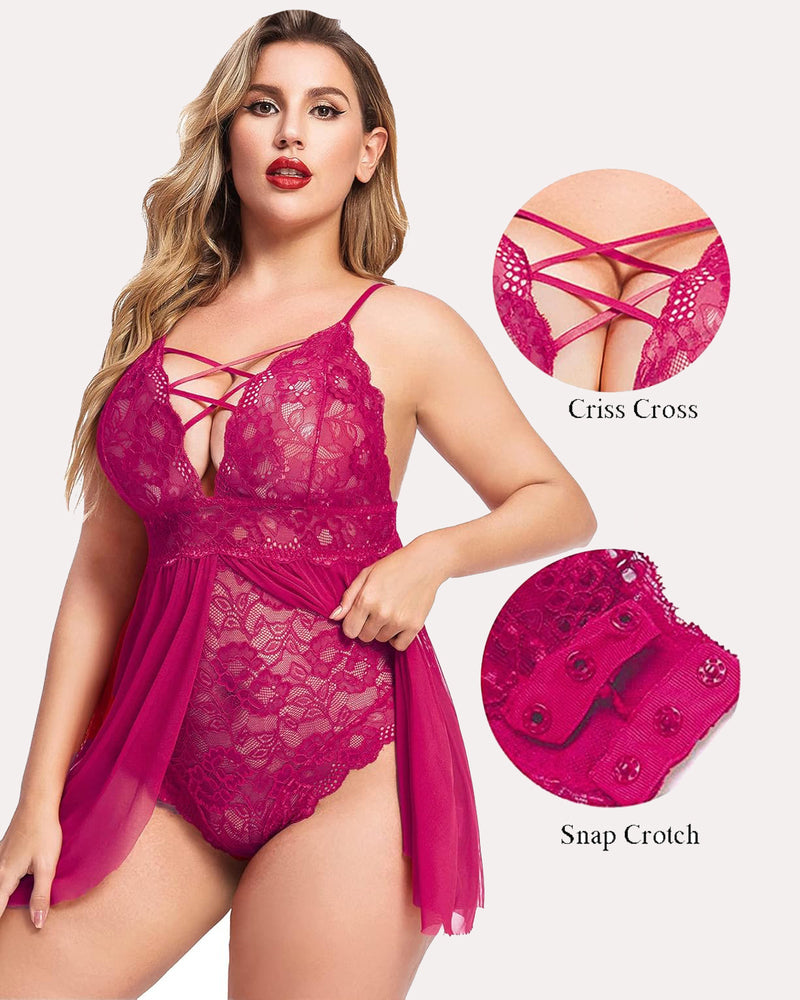 Plus size magenta lace babydoll with crisscross straps and snap crotch detail