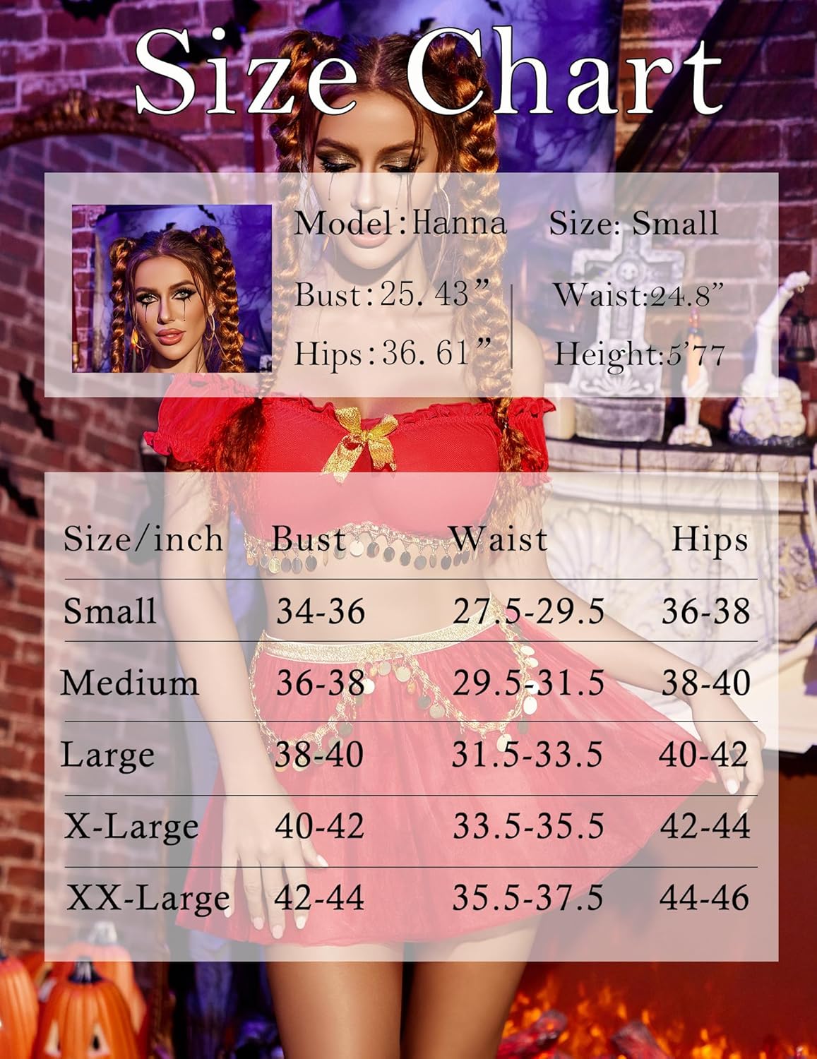 Size chart for red 3-piece lingerie cosplay set with model bust waist hips and sizes