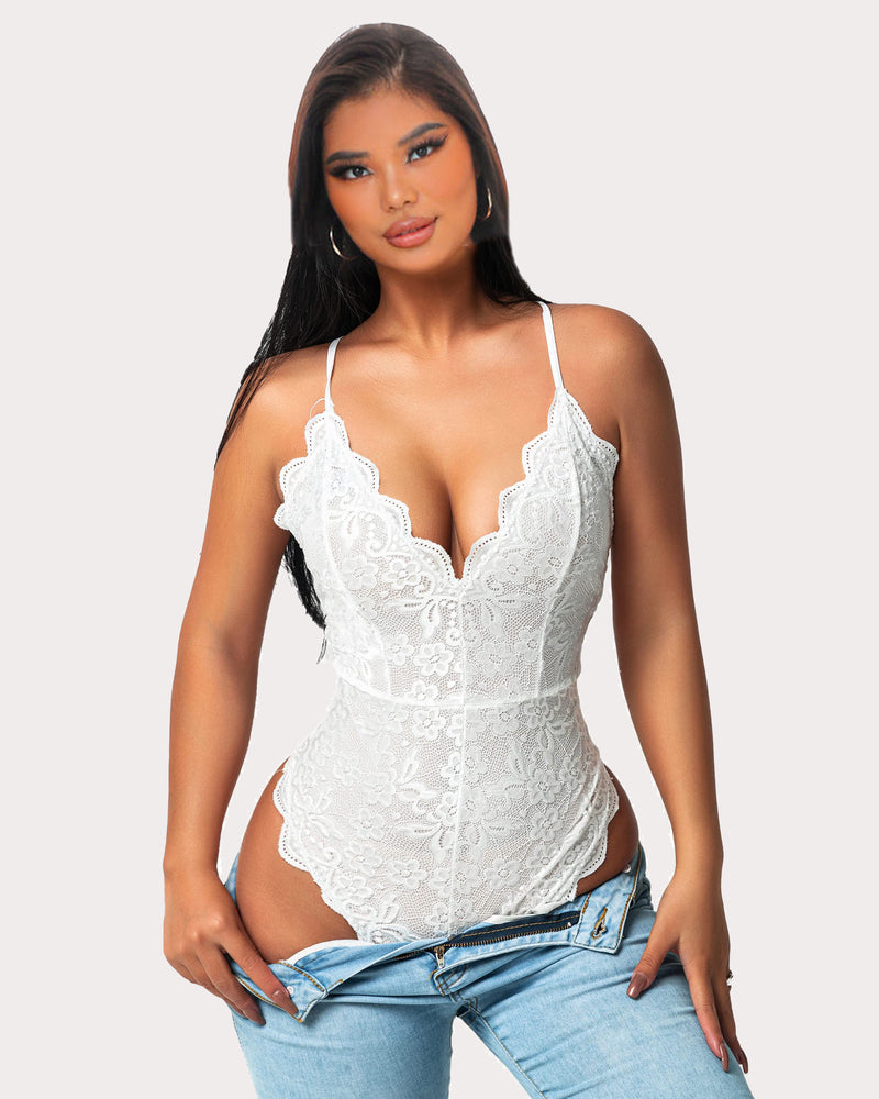 White deep V one-piece teddy lingerie with lace cups, scalloped trim, and thin straps