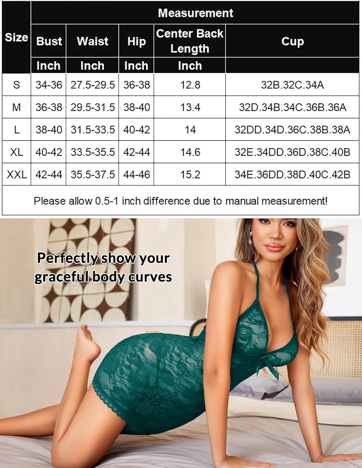 Green lace halter V-neck mini sleep dress with ribbon bow and scalloped hem