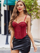 Wine red lace bustier corset top with underwire-style cups and thin straps