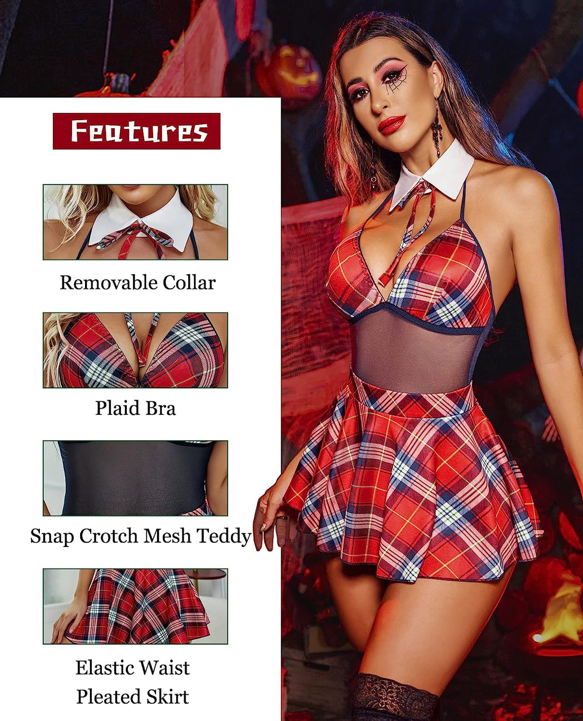 Red plaid halter snap-crotch dress with black mesh panel, white collar and bow skirt