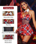 Red plaid halter snap-crotch dress with black mesh panel, white collar and bow skirt