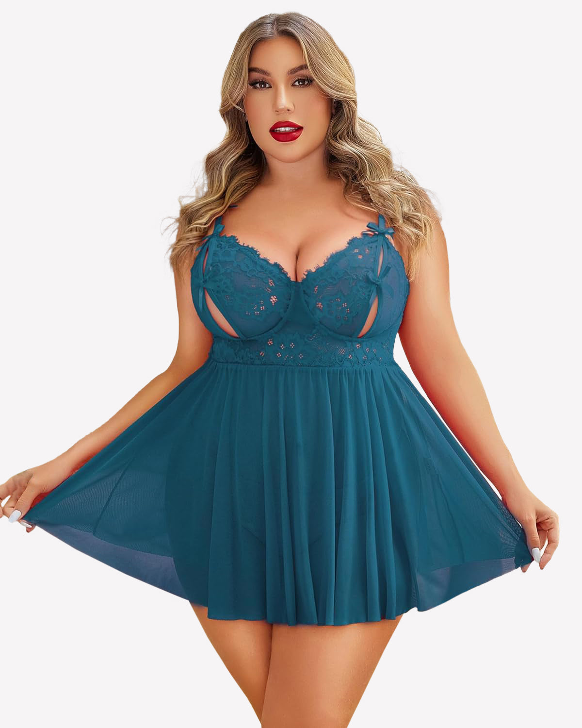 Blue lace babydoll nighty with lace cups and pleated flared skirt