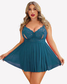 Blue lace babydoll nighty with lace cups and pleated flared skirt
