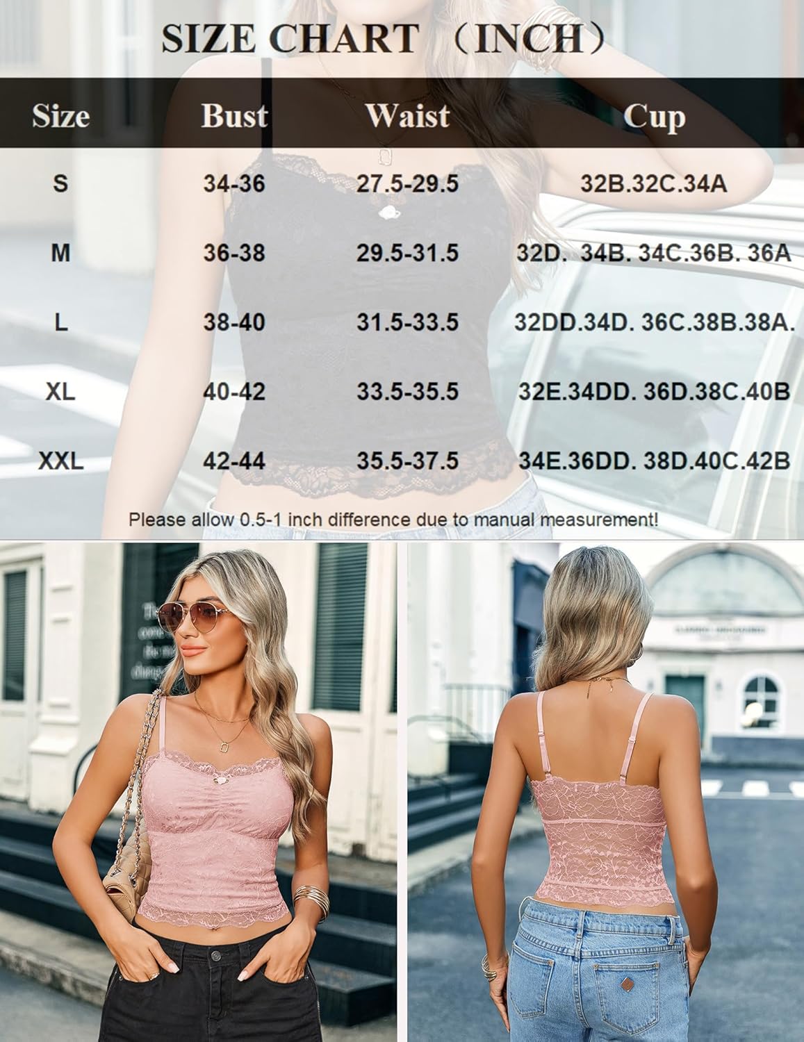 Size chart overlay for lace crop ruched tank top, with bust, waist, and cup sizes