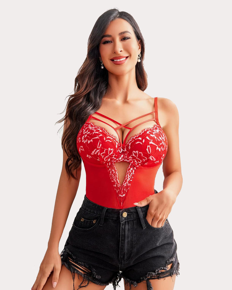 Red lace one-piece bodysuit with crisscross straps and floral lace cups