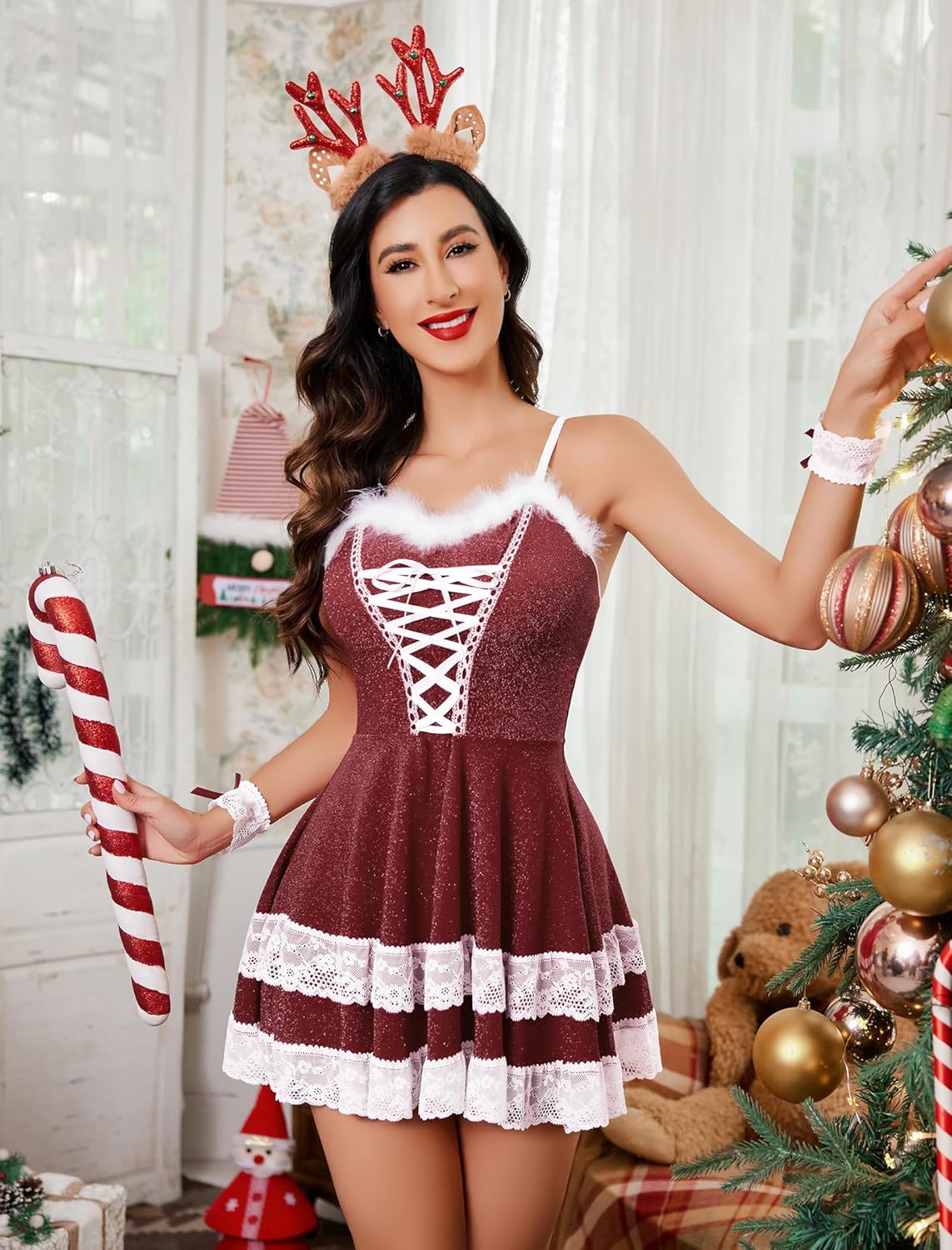 Wine red V-neck party dress with crisscross bodice, white lace trim, faux fur neckline