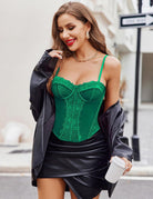 Green lace corset bustier top with underwire cups and sweetheart neckline