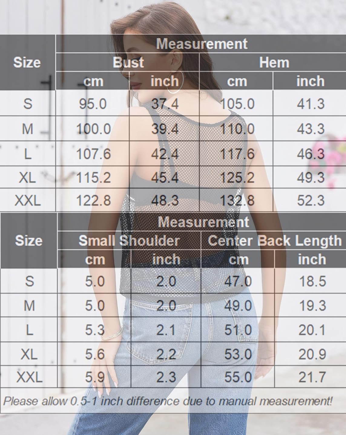 Size measurement chart for sleeveless fishnet top, bust and hem measurements