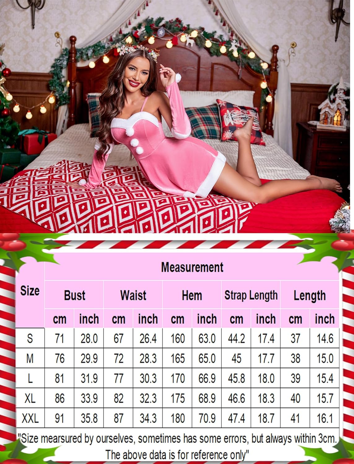 Santa-inspired pink Christmas dress layout with measurement chart panel
