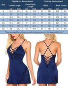 Navy satin lace sleepwear dress with lace trim, shown in front and back views