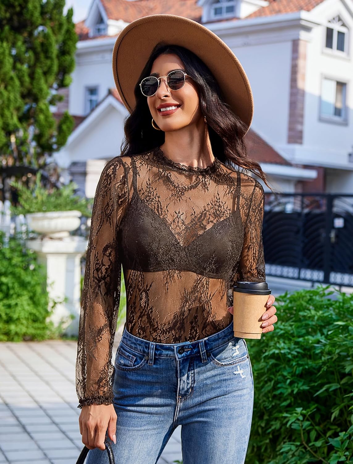 Floral lace mesh top with long sleeves and high neckline, sheer brown