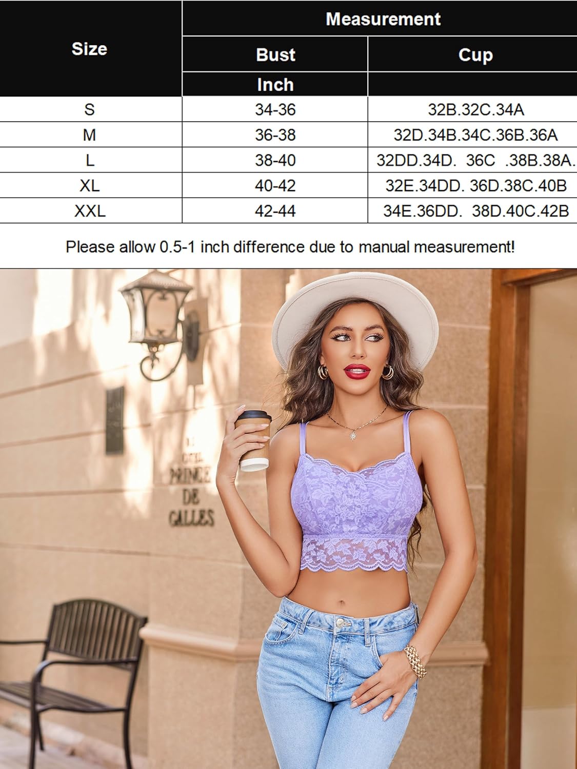 Lilac lace adjustable-strap cami crop top with scalloped hem and lace cups
