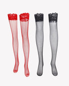 Assorted fishnet high stockings with lace ruffle tops: red, white, black
