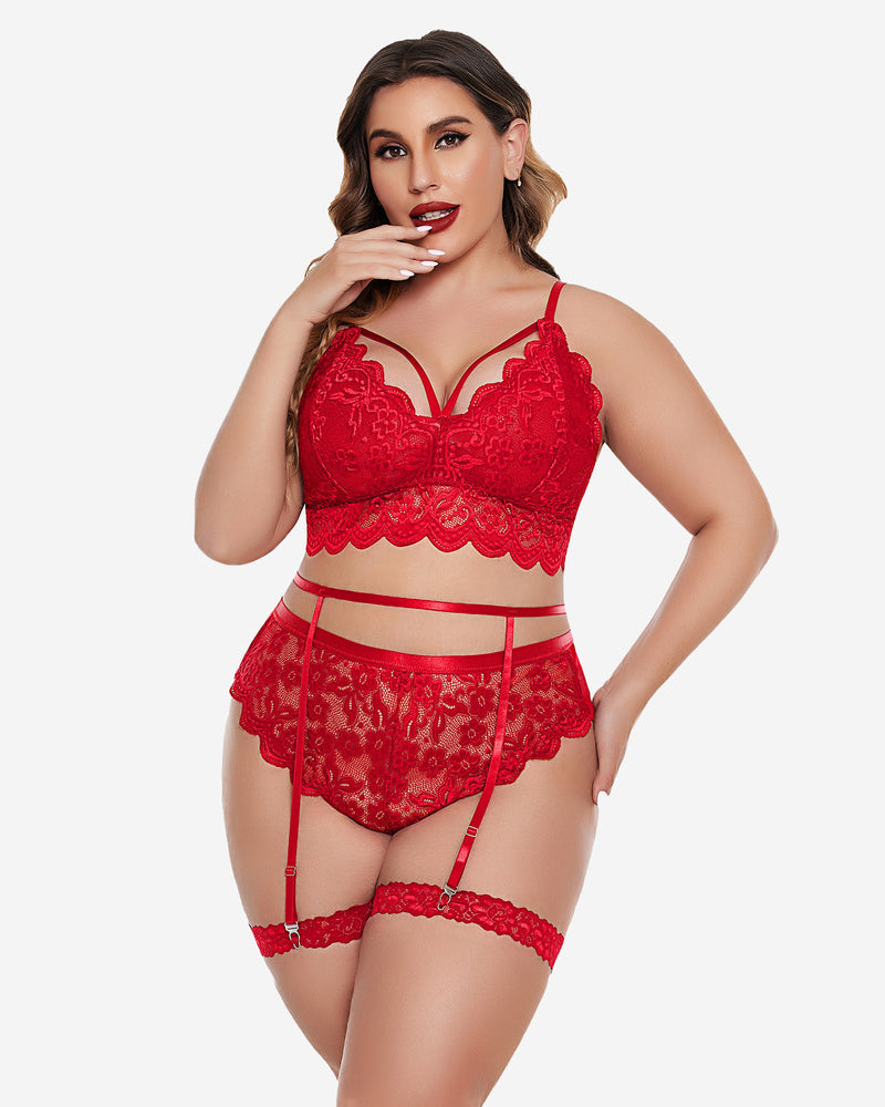 Red lace-trim bra and panty set with garter straps and mesh panels