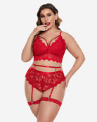 Red lace-trim bra and panty set with garter straps and mesh panels