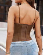 Brown corset bustier back view with adjustable hook-and-eye closure
