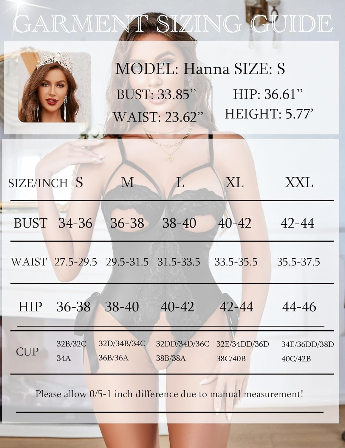 Garment sizing guide chart with bust, waist, hip measurements and size ranges