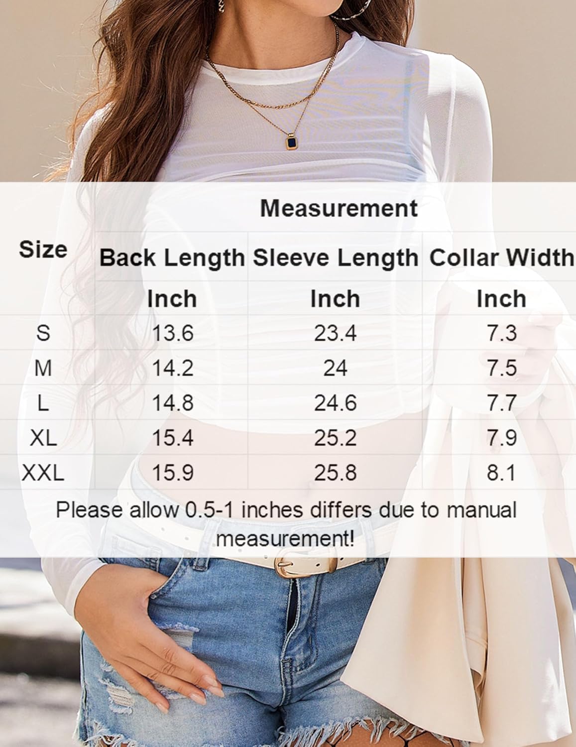 White ruched sheer long-sleeve crop top with size measurement chart overlay