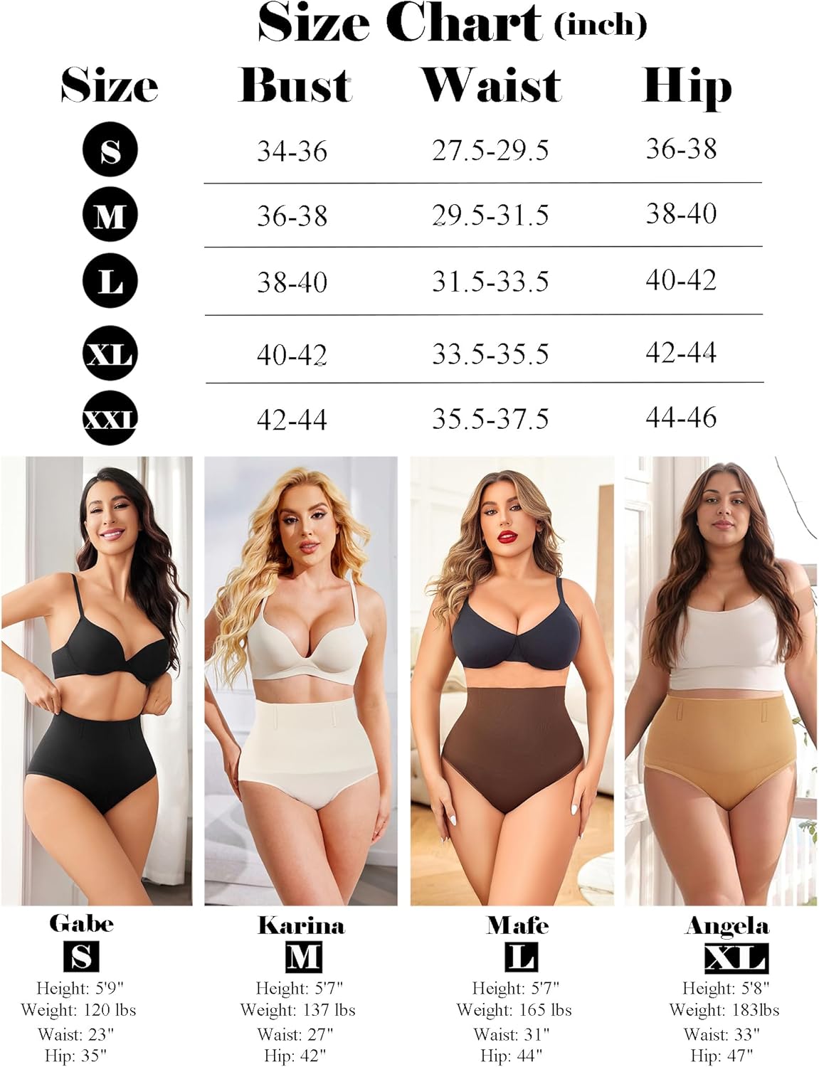 Size chart and models wearing cream tummy control thong shapewear