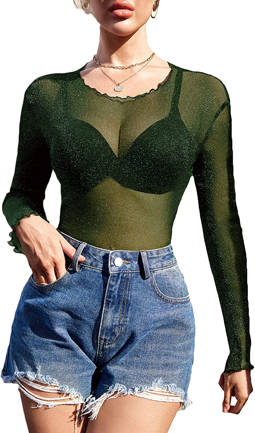 Dark green see-through mesh long-sleeve top with V-shaped cups and sheer sleeves