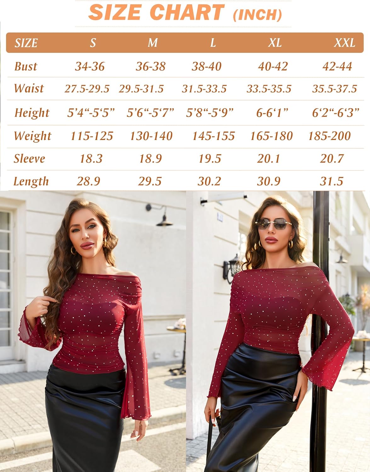 Wine red mesh off-shoulder long-sleeve top with draped neckline and sparkly dots