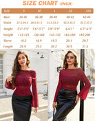 Wine red mesh off-shoulder long-sleeve top with draped neckline and sparkly dots