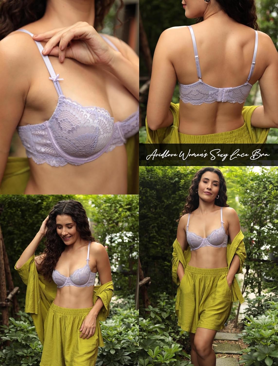 Lilac lace underwire bra collage with front and back views
