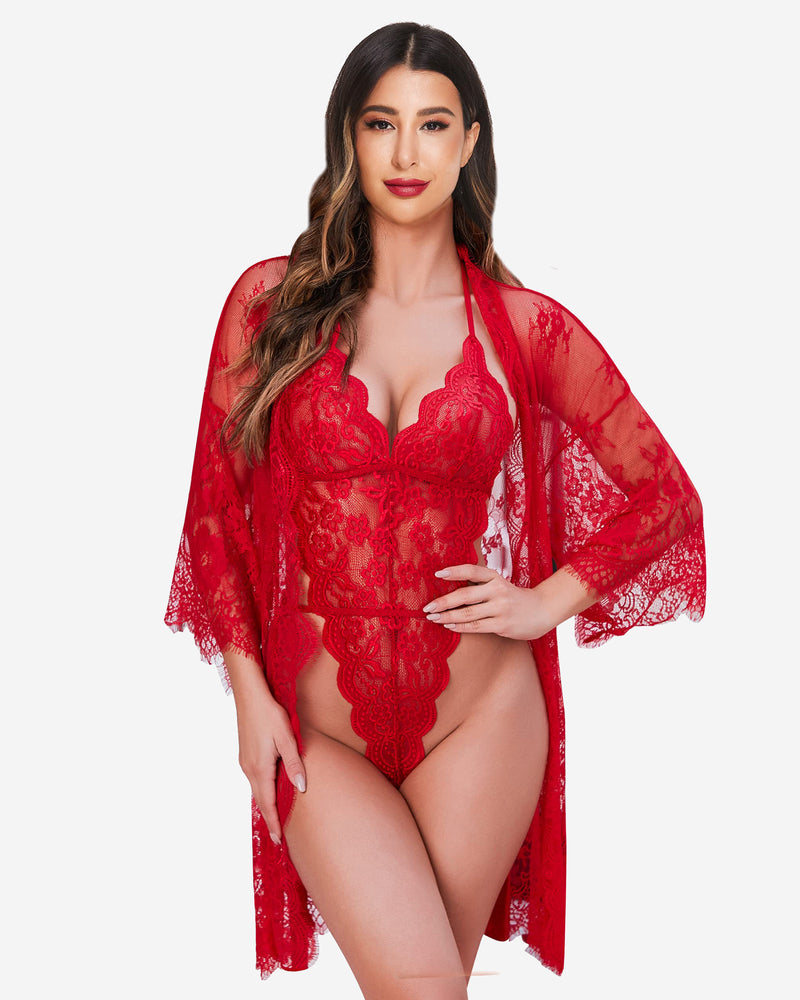Red lace robe and teddy set with V-neck teddy and sheer lace kimono sleeves